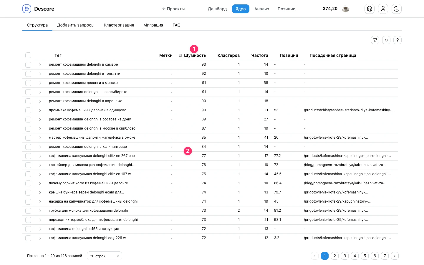 Сортировка таблицы структуры ядра по убыванию колонки Шумность и поиск границы аномалий