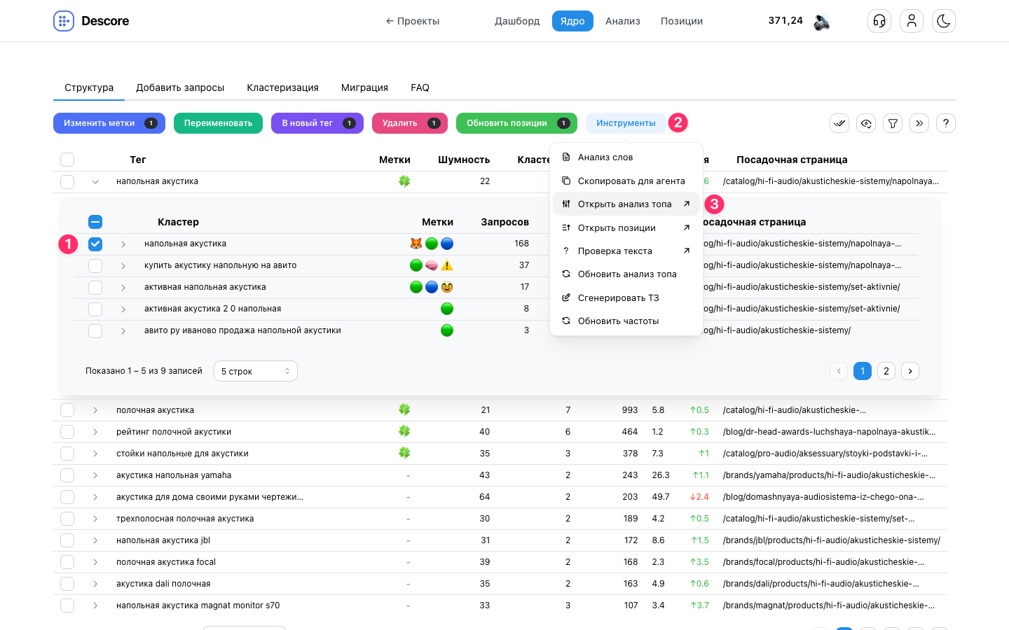 Открытие анализа топа через меню Инструменты для выбранного кластера в структуре ядра