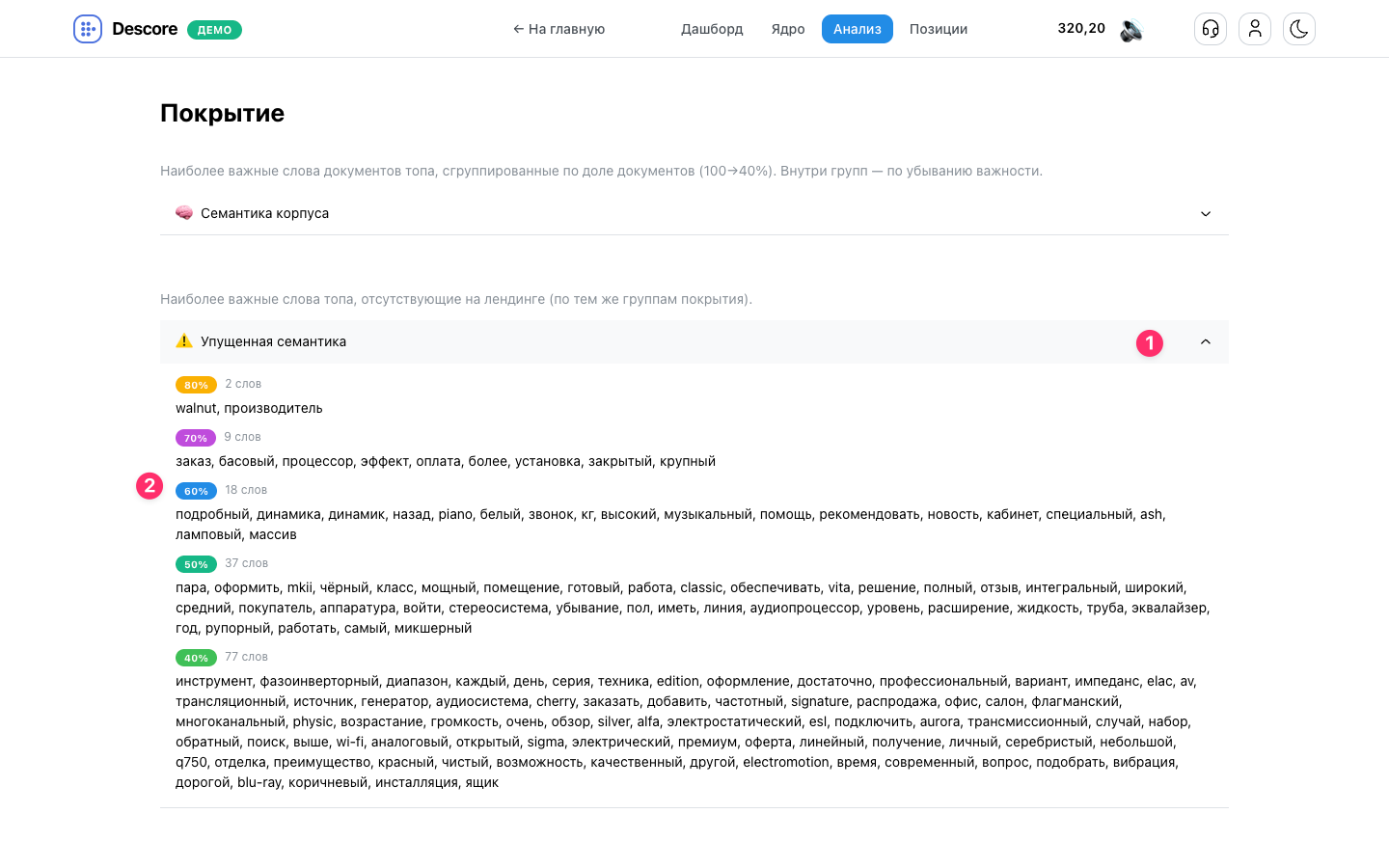 Развёрнутый список Упущенная семантика: пропущенные на посадочной странице слова по группам топа
