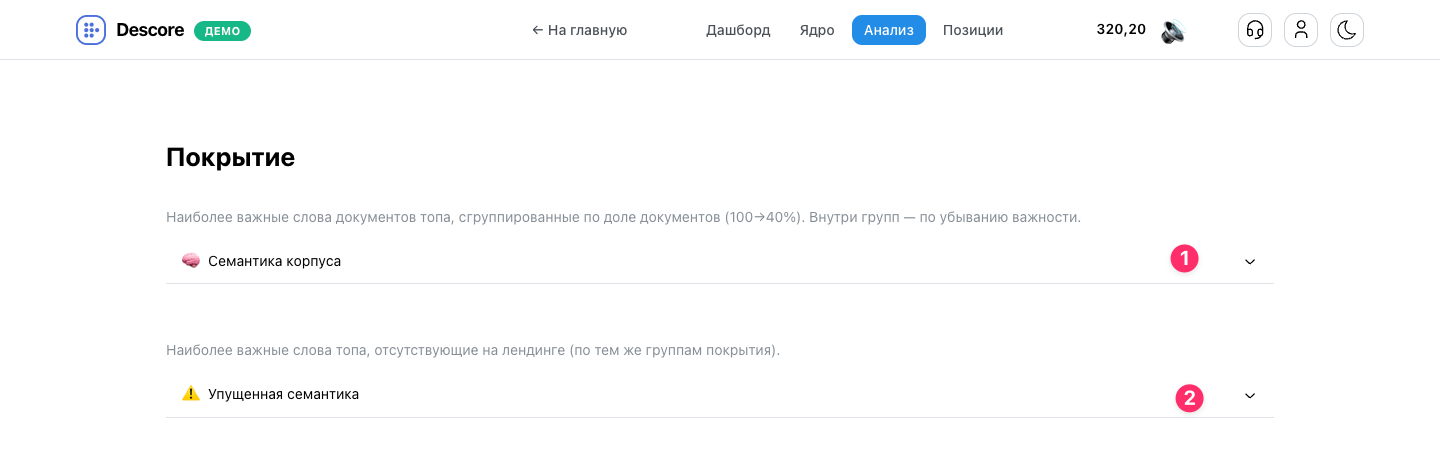 Сводный вид блока Покрытие: аккордеоны Семантика корпуса и Упущенная семантика