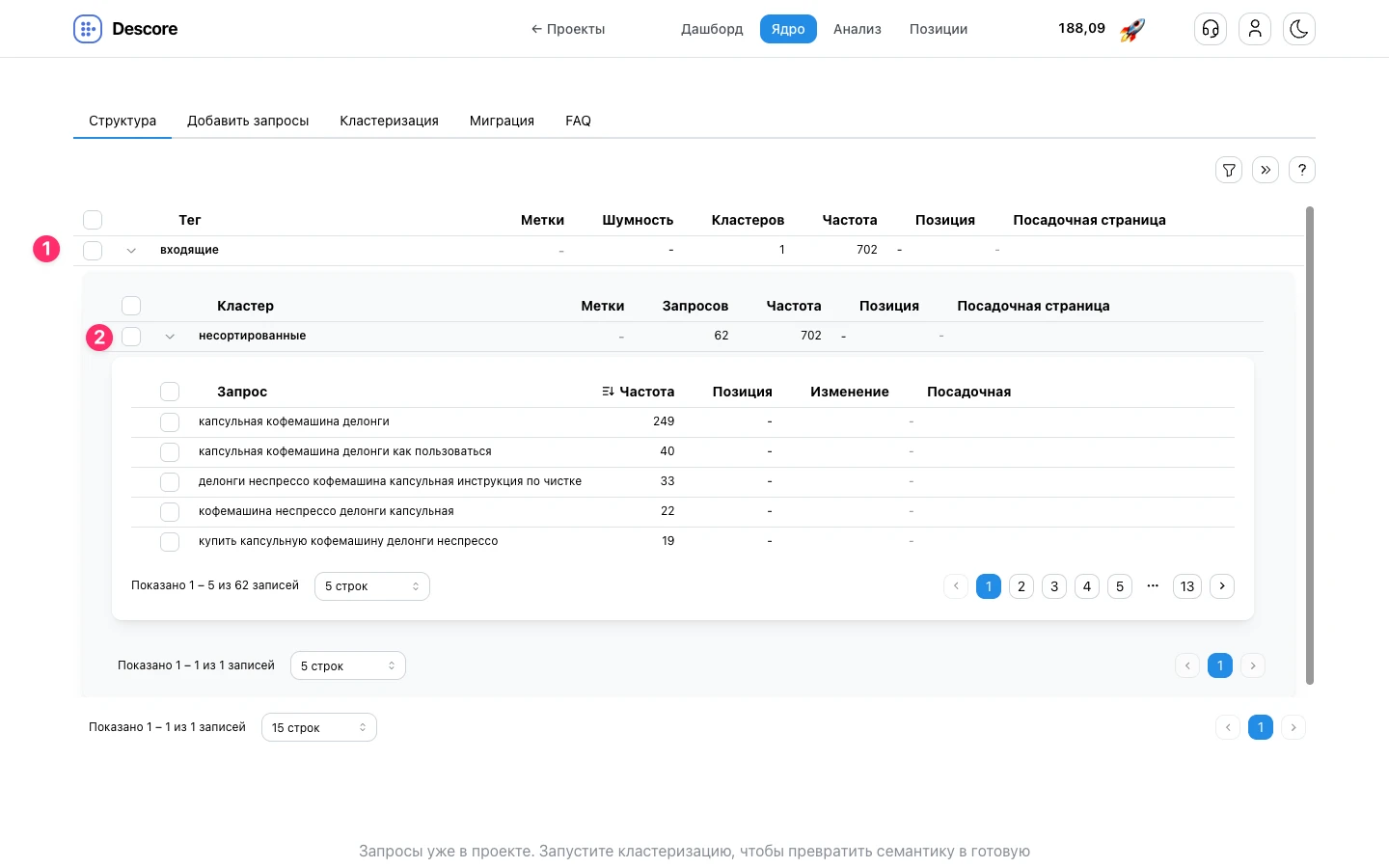 Раскрытый тег входящие со служебным кластером несортированные и списком запросов