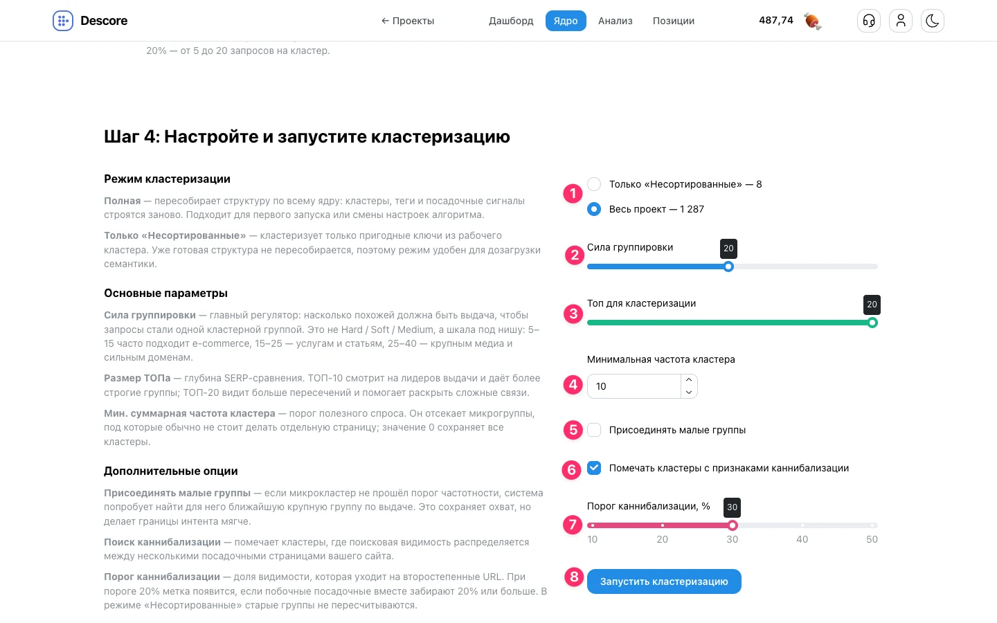 Параметры алгоритма кластеризации: сила группировки, глубина ТОПа и каннибализация