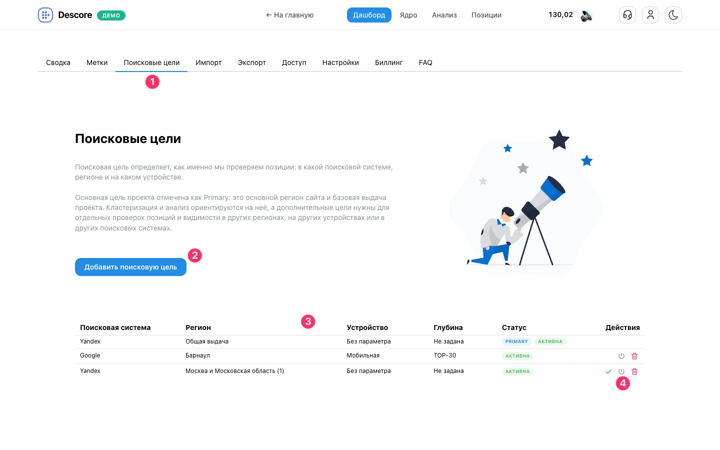 Реестр поисковых целей в дашборде проекта Descore