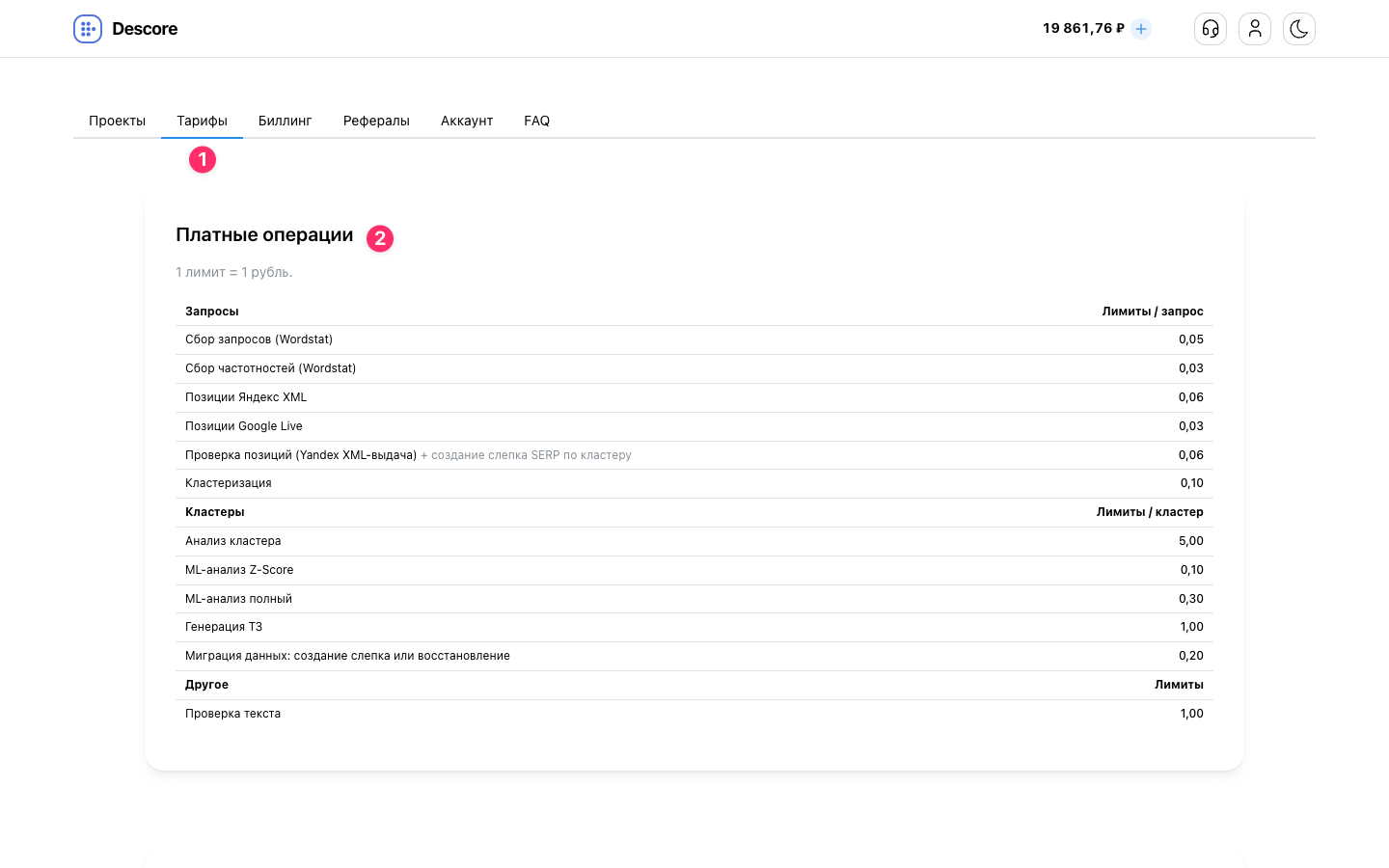 Таблица платных операций и ставок в Descore