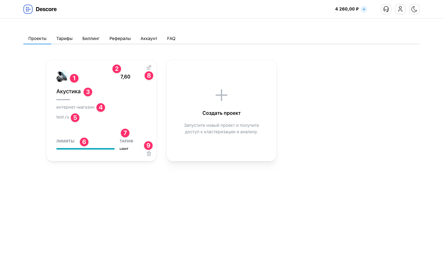 Карточка проекта Descore с обозначениями элементов