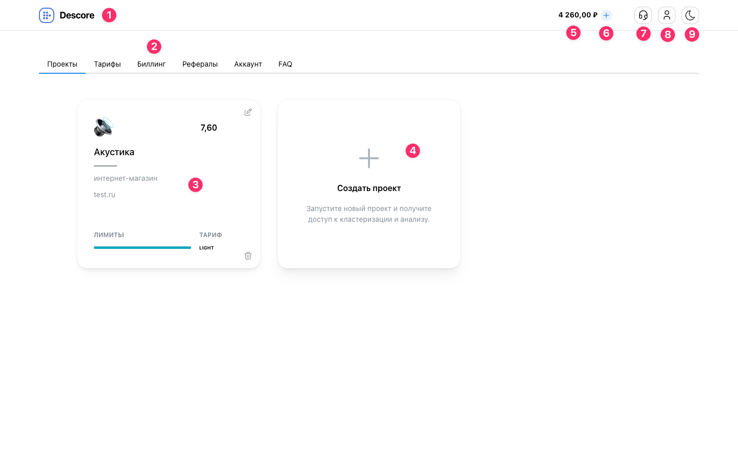 Главная панель проектов Descore со всеми элементами интерфейса