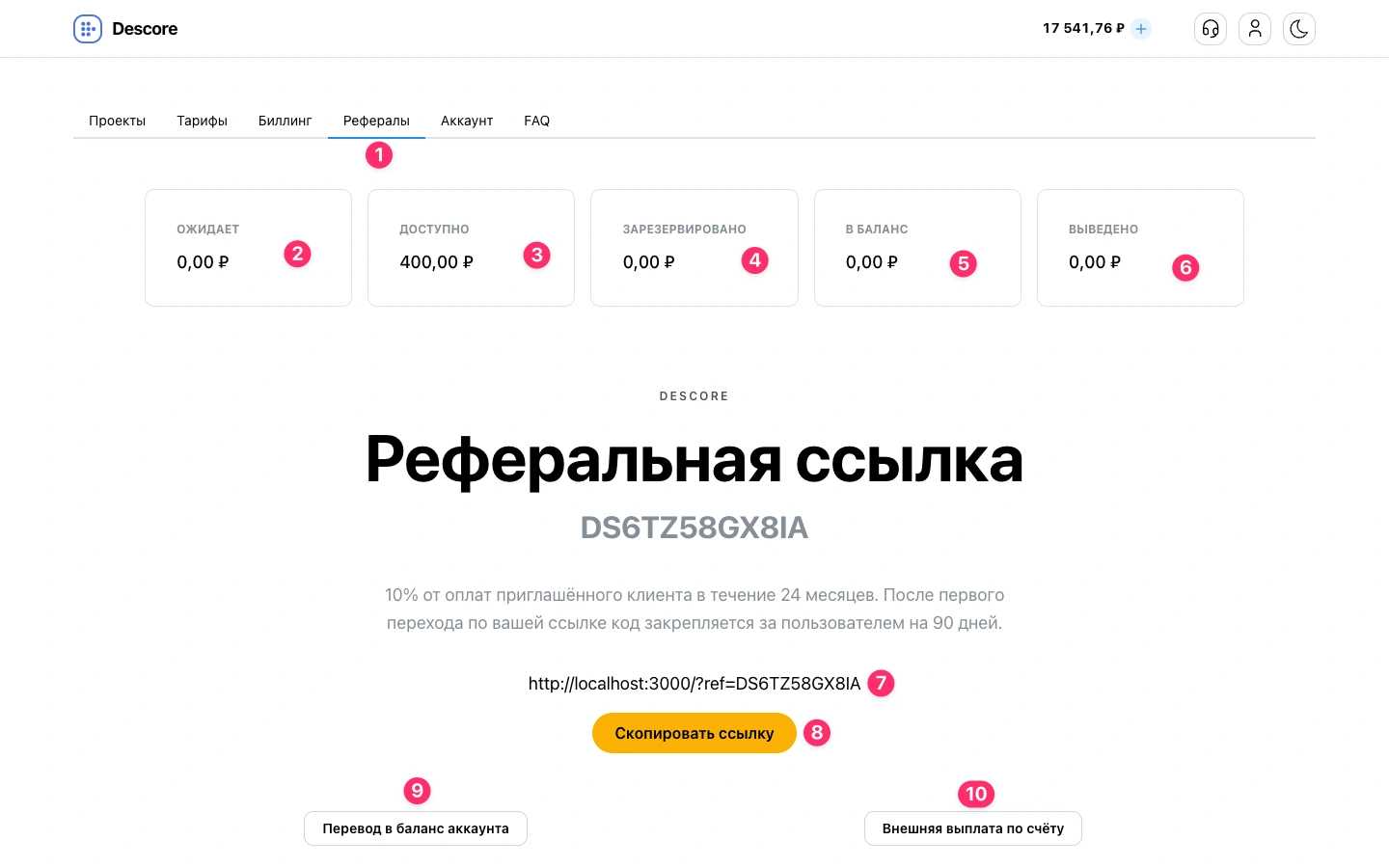 Главный экран вкладки Рефералы в Descore